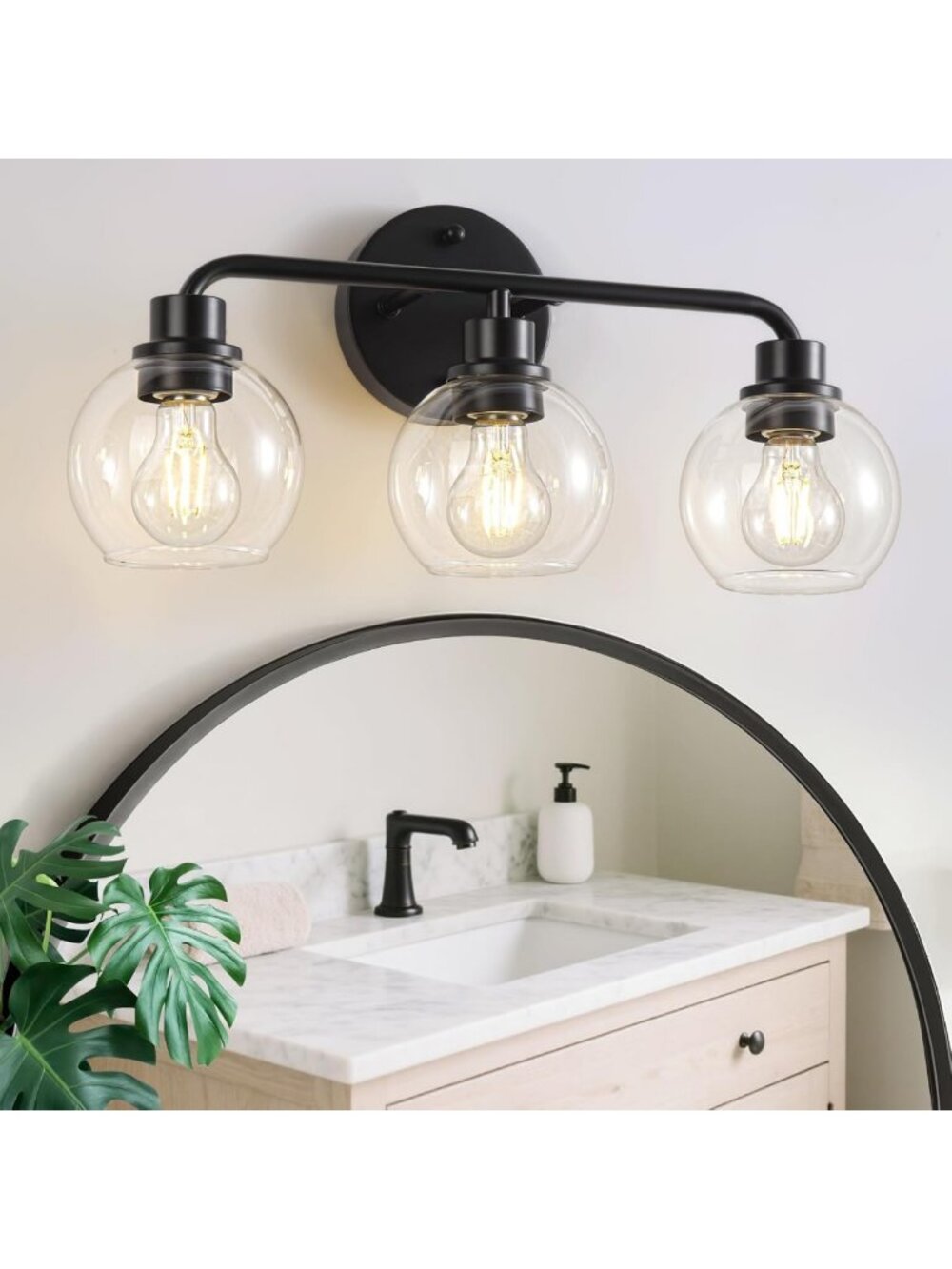 Modern Black Bathroom Light Fixture - 3-Light Wall Sconce with Clear Glass